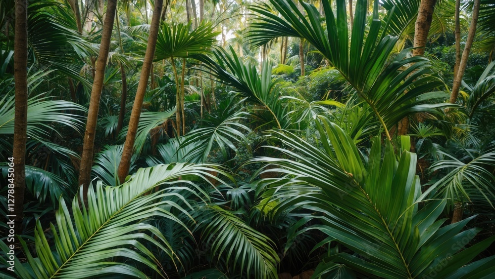 Fototapeta premium Lush tropical rainforest with dense green foliage and palm trees reflecting natural biodiversity and ecosystem richness