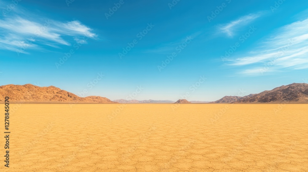 Vast desert landscape under bright blue sky, golden sands stretc