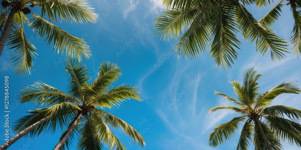 Palm trees against clear blue sky with scattered clouds viewed from below in a tropical setting Palm trees against clear blue sky with scattered clouds viewed from below in a tropical setting