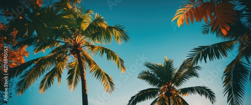 Tropical palm trees against a clear blue sky with golden sunlight illuminating the leaves in a vibrant landscape setting photo