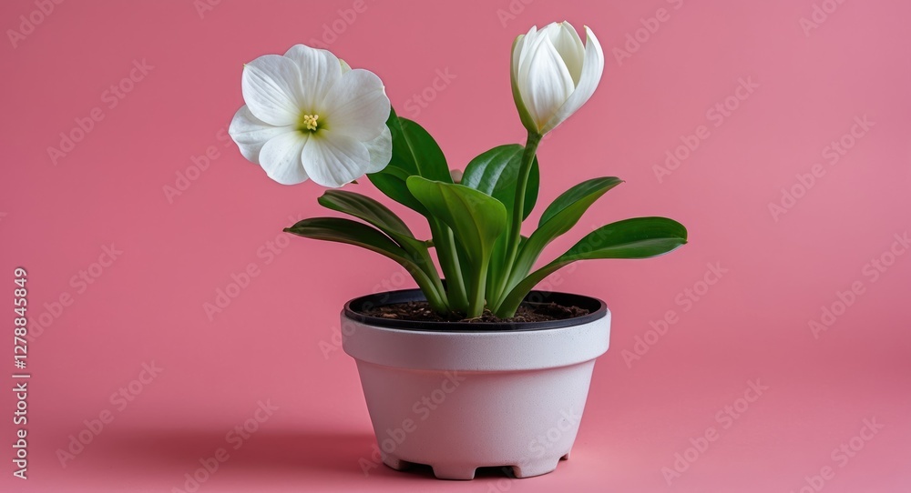 Obraz premium White flower arrangement with a tulip and a bloom in a pot on a pink background