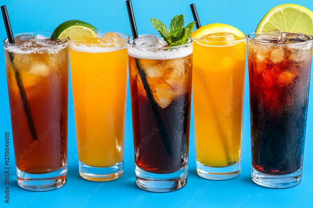 Assortment of various beverages served in crushed ice, creating a refreshing and visually appealing display Ai Generated Assortment of various beverages served in crushed ice, creating a refreshing and visually appealing display Ai Generated