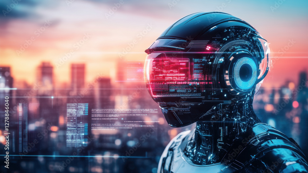 Futuristic robot with digital interface against city skyline at sunset, showcasing advanced technology and artificial intelligence Futuristic robot with digital interface against city skyline at sunset, showcasing advanced technology and artificial intelligence