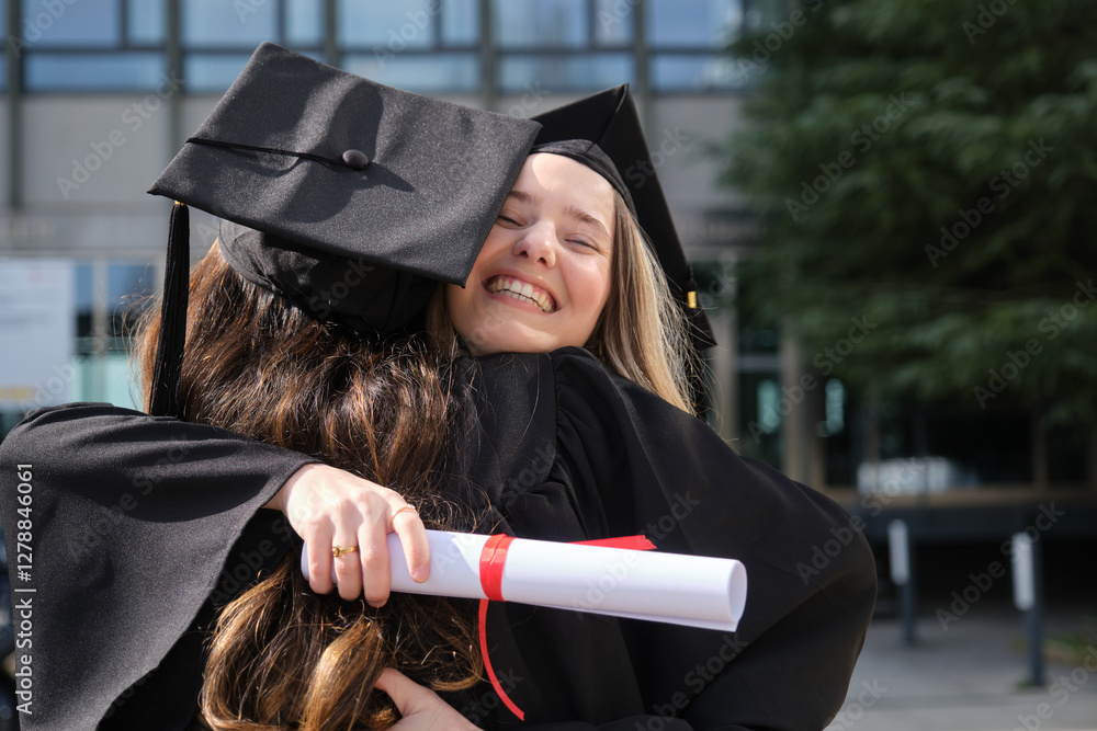Two female graduates hugging each other, celebrating their academic achievement with joy and a diploma