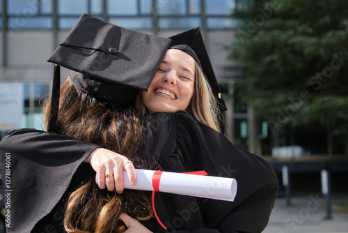 Obraz na płótnie Two female graduates hugging each other, celebrating their academic achievement with joy and a diploma w salonie
