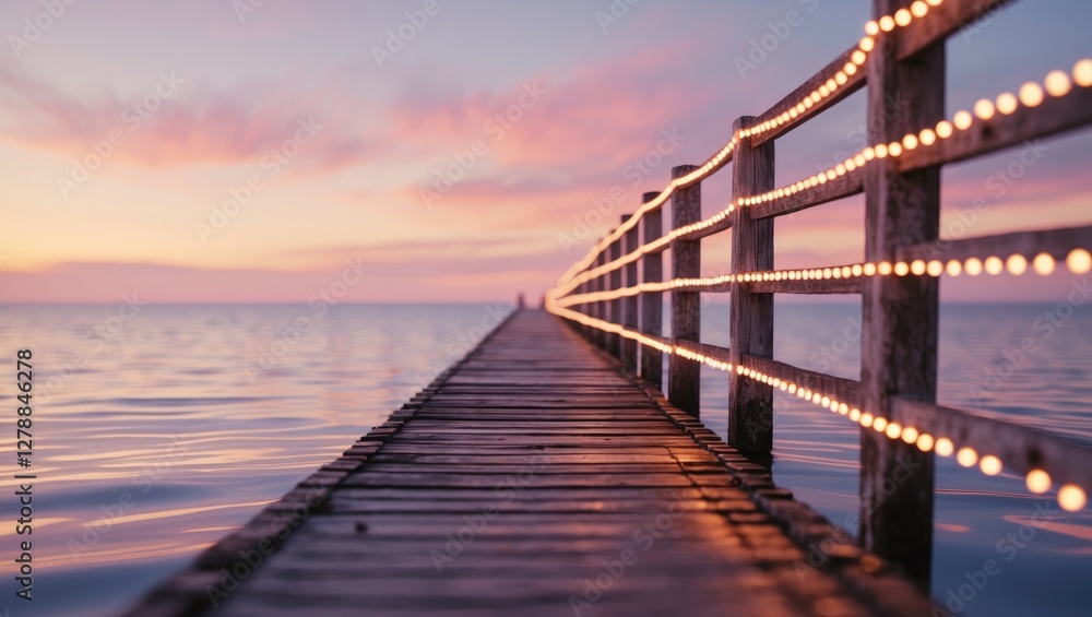 Fototapeta premium Wooden pier with illuminated railing extending into calm water under a colorful sunset sky with soft clouds.