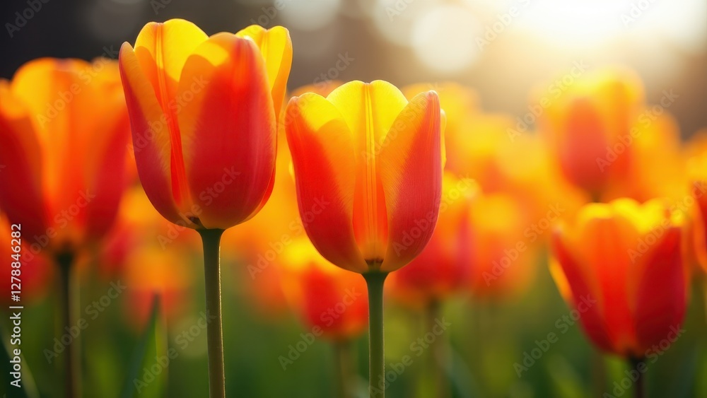 A field of vibrant orange tulips glowing in the sunlight. A field of vibrant orange tulips glowing in the sunlight.