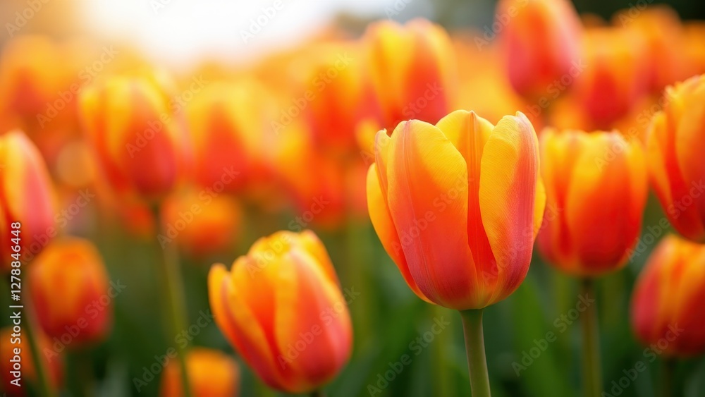 A field of vibrant orange tulips in full bloom, bathed in warm sunlight. A field of vibrant orange tulips in full bloom, bathed in warm sunlight.