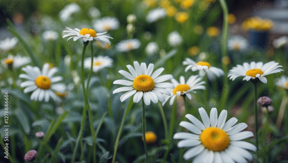 Daisies in a vibrant garden setting with green foliage emphasizing the bright white petals and yellow centers in soft focus background. Daisies in a vibrant garden setting with green foliage emphasizing the bright white petals and yellow centers in soft focus background.