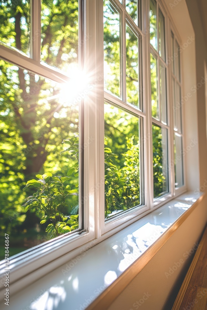 Fototapeta premium Sunlight filters through a window, illuminating a cozy room, while lush trees outside create a serene and natural backdrop.