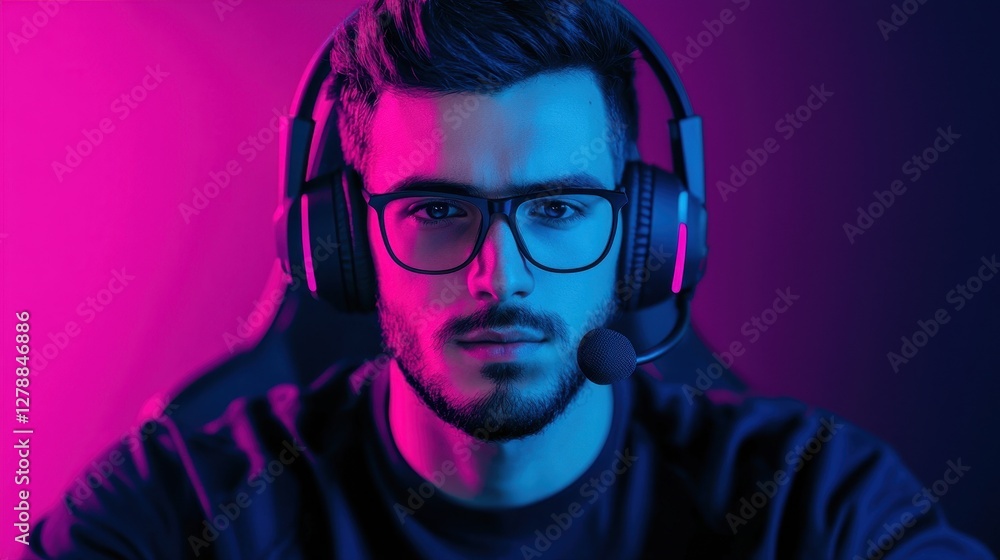 Obraz premium A focused gamer wearing glasses and a headset, illuminated by vibrant blue and pink lighting.