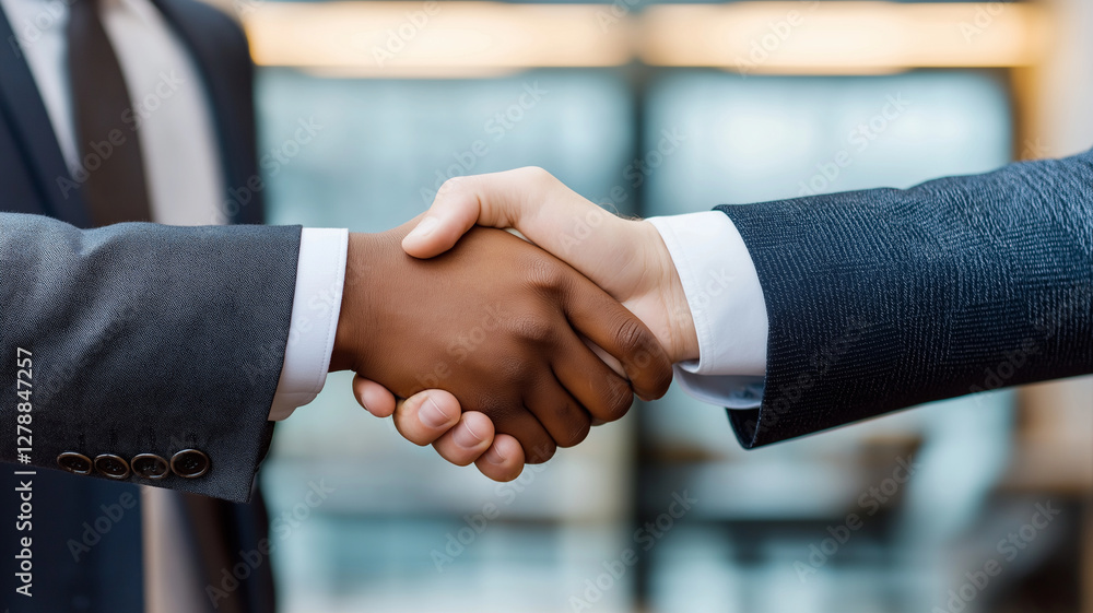 Two businessmen shaking hands in office setting, symbolizing agreement and partnership. atmosphere conveys professionalism and collaboration Two businessmen shaking hands in office setting, symbolizing agreement and partnership. atmosphere conveys professionalism and collaboration