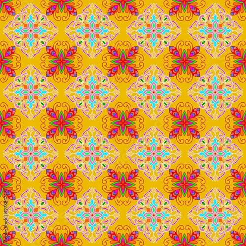A vibrant yellow pattern featuring intricate floral and butterfly motifs in red, blue, and green, creating a lively and cheerful aesthetic.