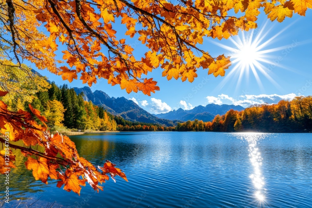 Awesome sunny landscape in the forest Wonderful Autumn scenery Picturesque view of nature wild lake Sun rays through colorful trees Incredible view on Fusine lakeside Amazing natural Background Awesome sunny landscape in the forest Wonderful Autumn scenery Picturesque view of nature wild lake Sun rays through colorful trees Incredible view on Fusine lakeside Amazing natural Background