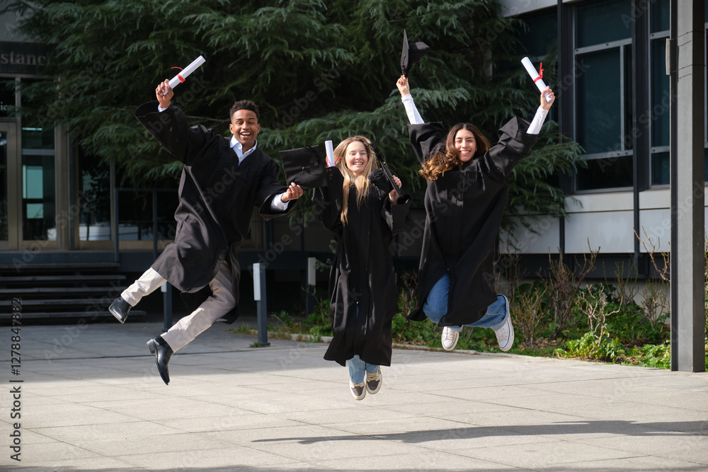 Group of cheerful graduates celebrating their graduation by joyfully jumping outdoors