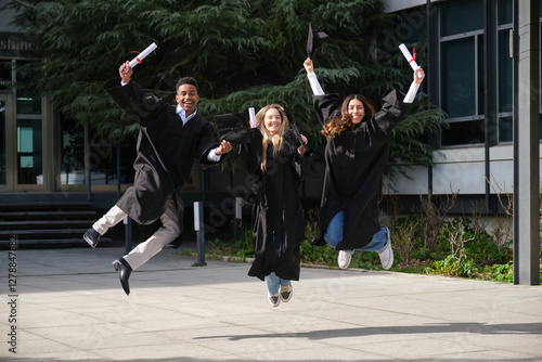 Group of cheerful graduates celebrating their graduation by joyfully jumping outdoors
