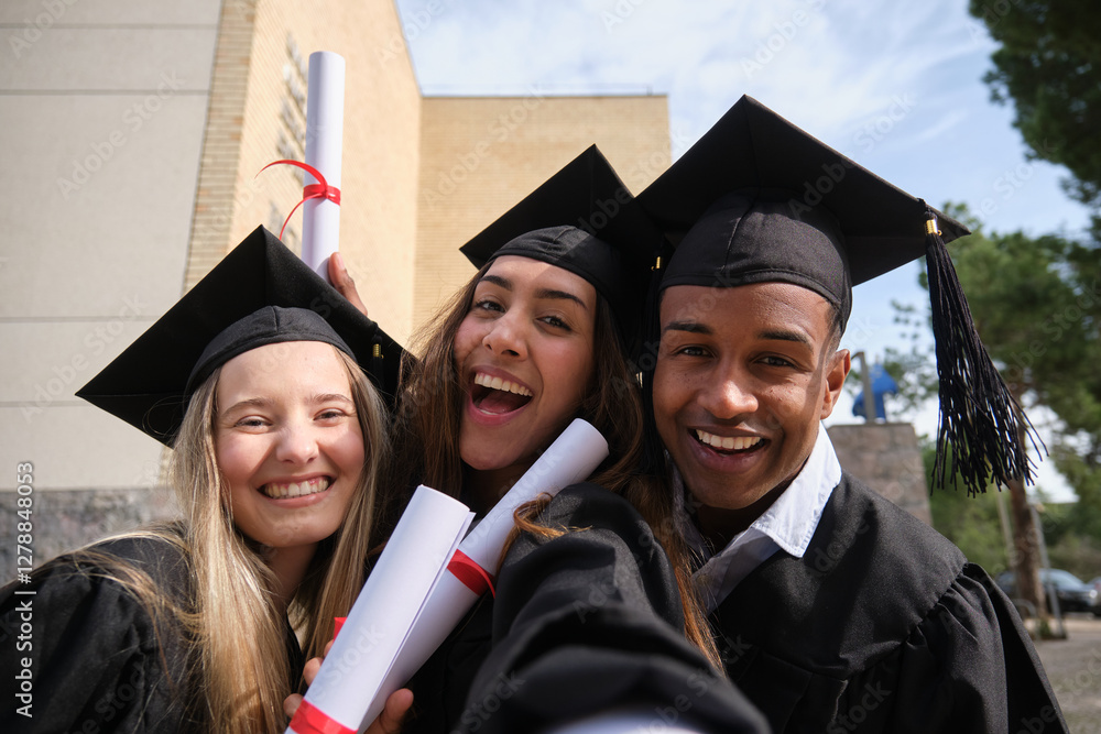 Three cheerful multi ethnic students wearing graduation gowns and caps are taking a selfie holding their diplomas