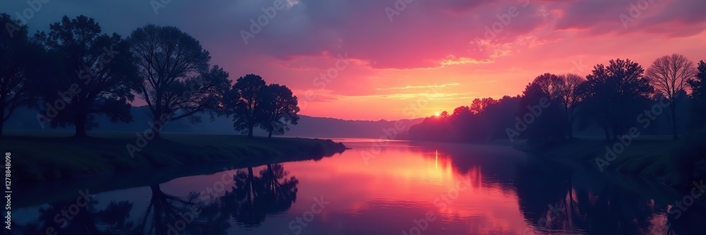 Fototapeta premium Silhouetted trees along a winding riverbank at dusk, serene, dusk, atmospheric