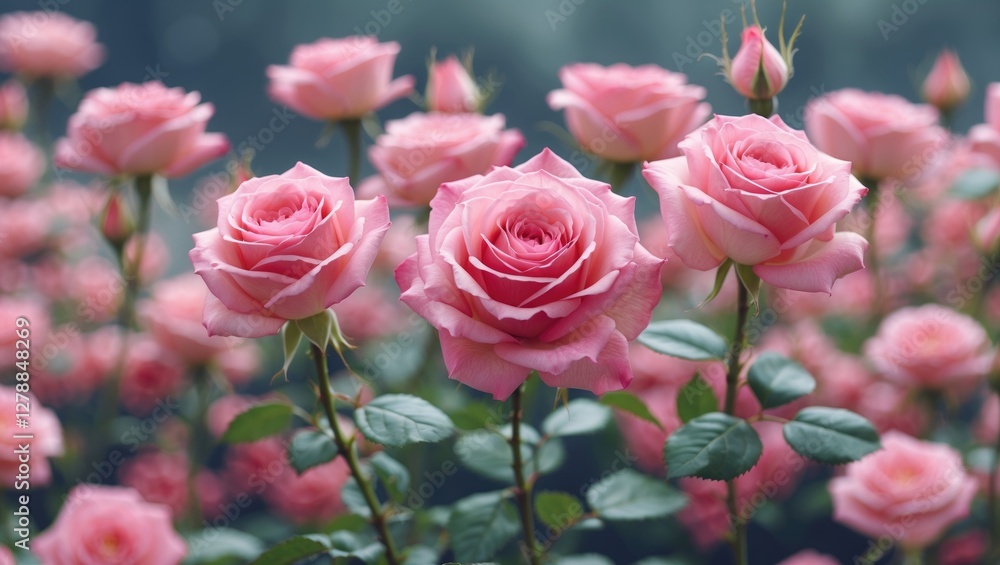 Pink roses in a lush garden setting with soft focus background highlighting floral details and green foliage. Pink roses in a lush garden setting with soft focus background highlighting floral details and green foliage.