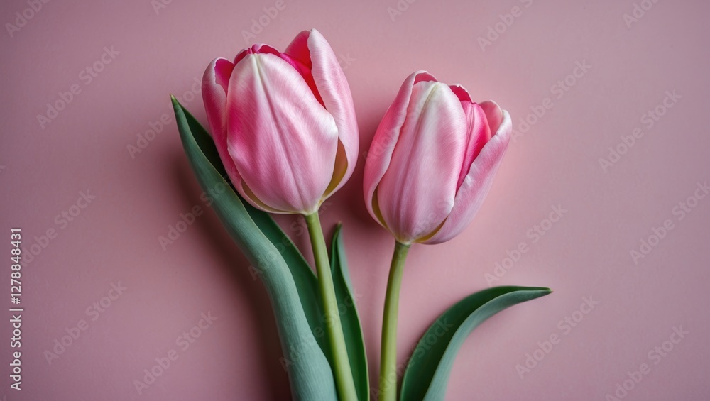 Two pink tulips with green leaves on a soft pink background captured in a close-up arrangement. Two pink tulips with green leaves on a soft pink background captured in a close-up arrangement.