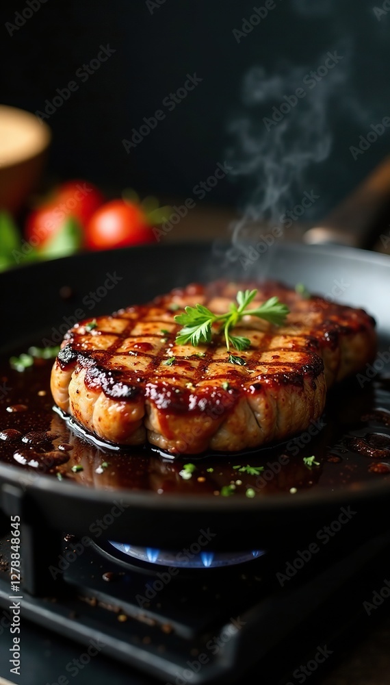 Sizzling steak on the stovetop with a flavorful glaze, cuisine, sizzling Sizzling steak on the stovetop with a flavorful glaze, cuisine, sizzling