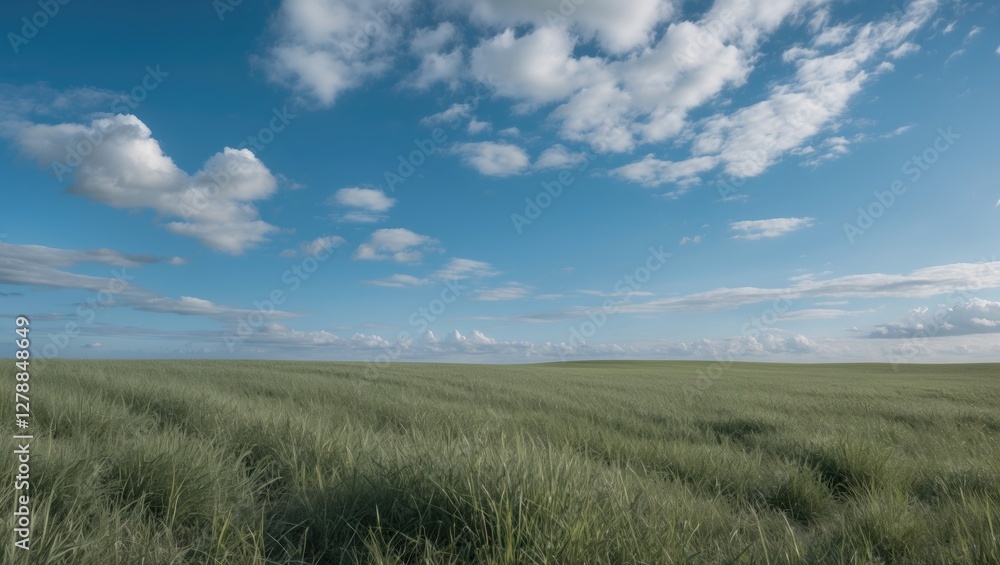 Wide open green grass field under a blue sky with scattered white clouds in a tranquil natural landscape setting Wide open green grass field under a blue sky with scattered white clouds in a tranquil natural landscape setting