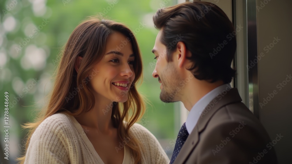 A woman and a man are standing close to each other, engaged in a conversation, with a blurred green background. A woman and a man are standing close to each other, engaged in a conversation, with a blurred green background.