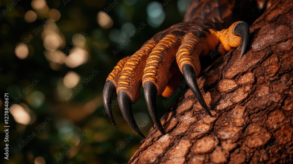 Claw gripping textured bark showcases fierce nature in vivid det
