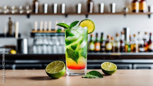 Colorful layered cocktail with mint leaves and lime served in a glass on a bar counter with blurred bottles in the background. photo