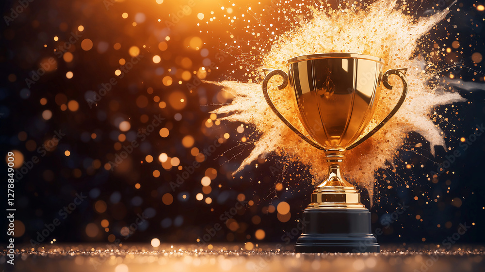 stunning golden trophy stands proudly against backdrop of sparkling bokeh lights, radiating sense of achievement and celebration. explosion of golden particles enhances triumphant atmosphere