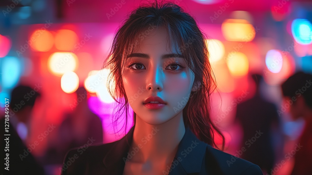 Portrait of a young woman bathed in vibrant neon lights, blending modern fashion with an ethereal glow in an urban setting. Portrait of a young woman bathed in vibrant neon lights, blending modern fashion with an ethereal glow in an urban setting.