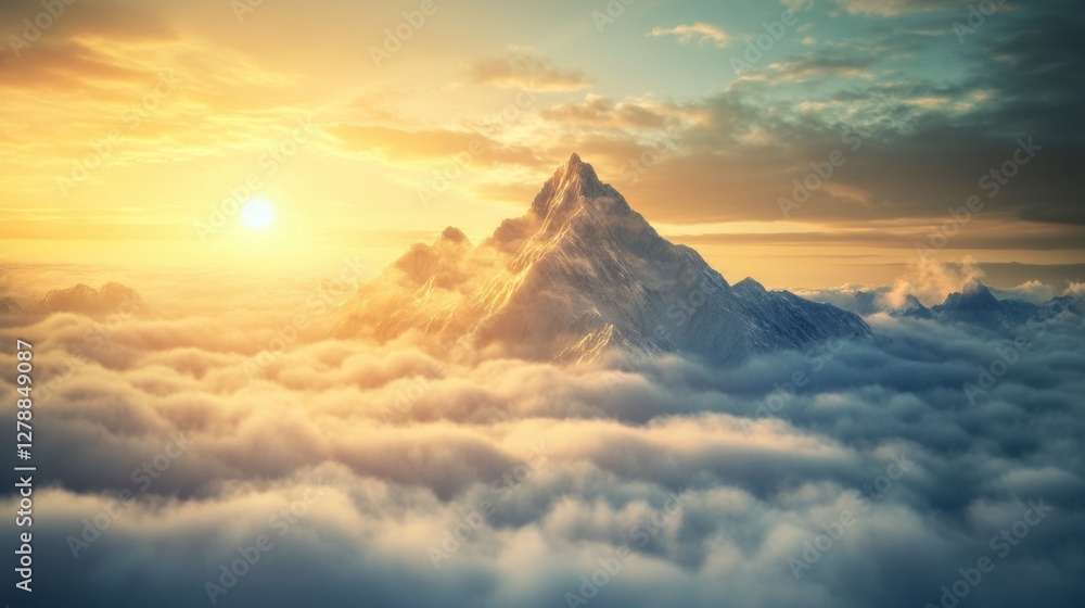 Create a breathtaking image of a mountain peak emerging from a sea of clouds, with golden sunrise light illuminating the mist-covered landscape.