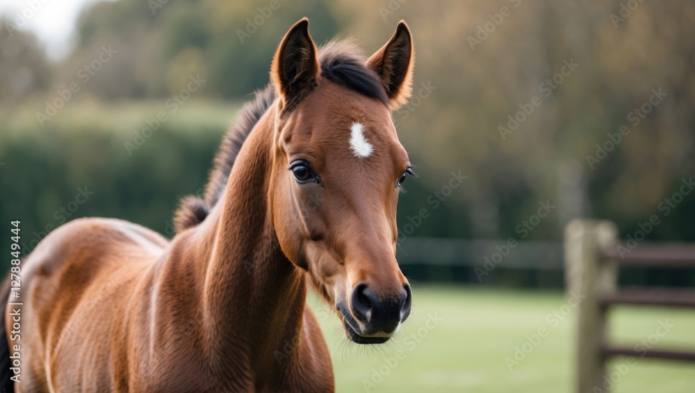 Brown horse standing in a green pasture with blurred background and wooden fence under natural light Brown horse standing in a green pasture with blurred background and wooden fence under natural light
