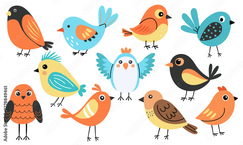 Hand drawn collection of colorful spring birds in a bright, funny and childish style. Vibrant and cheerful illustration, perfect for seasonal designs, nature themes, and decorative elements. Hand drawn collection of colorful spring birds in a bright, funny and childish style. Vibrant and cheerful illustration, perfect for seasonal designs, nature themes, and decorative elements.