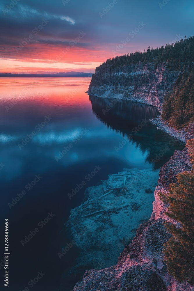 Vibrant sunset reflects on calm water, highlighting rugged coast