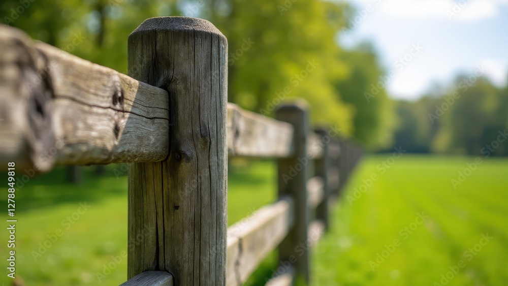 A close-up view of weathered wooden fence posts extending into the distance with a blurred green field and trees in the background. A close-up view of weathered wooden fence posts extending into the distance with a blurred green field and trees in the background.