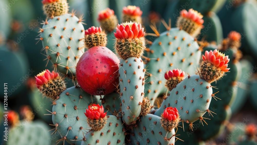 Red and green prickly pear cactus with vibrant flowers in a desert setting during daylight Red and green prickly pear cactus with vibrant flowers in a desert setting during daylight