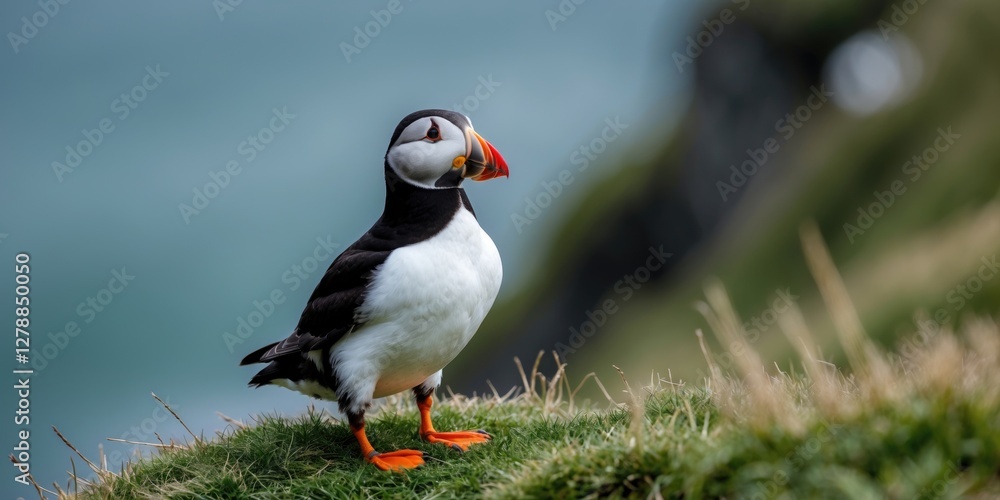 Atlantic puffin standing on grassy cliff with ocean in the background during a sunny day in natural habitat Atlantic puffin standing on grassy cliff with ocean in the background during a sunny day in natural habitat