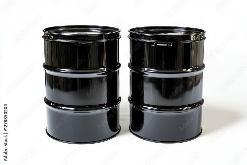 Two black oil drums on solid white background. Neural network AI generated Two black oil drums on solid white background. Neural network AI generated
