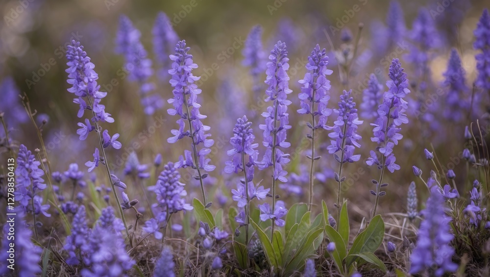 Obraz premium Field of vibrant purple wildflowers in bloom with green foliage in soft focus background. Natural landscape and flora close-up.