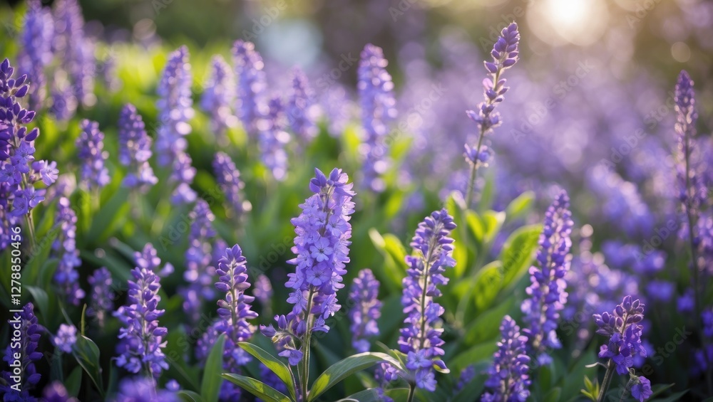 Field of purple flowers with green leaves in natural light creating a colorful and vibrant floral background suitable for nature themes