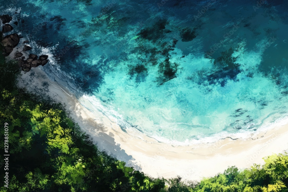 Turquoise waters meet sandy shore, framed by lush greenery, crea