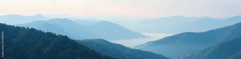 Rolling hills and mountains covered in a thick layer of fog, peaceful, nature Rolling hills and mountains covered in a thick layer of fog, peaceful, nature