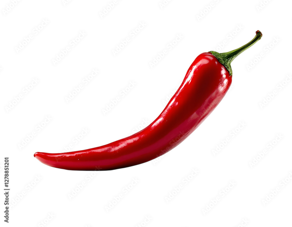 A single vibrant red chili pepper isolated on a stark black background, showcasing its smooth skin and curved shape, conveying spiciness and culinary use A single vibrant red chili pepper isolated on a stark black background, showcasing its smooth skin and curved shape, conveying spiciness and culinary use