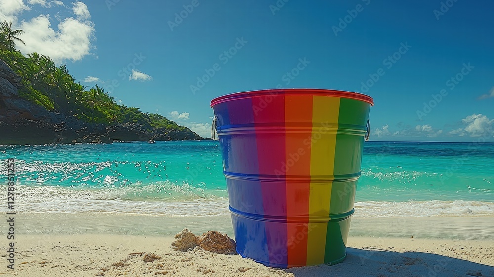 A bright and simple bucket sitting on a beautiful beach with gentle waves in the distance A bright and simple bucket sitting on a beautiful beach with gentle waves in the distance