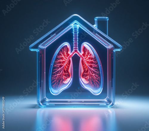 3d Neon Glass House's inside a Red Lungs on Dark background. Health Care Concept.