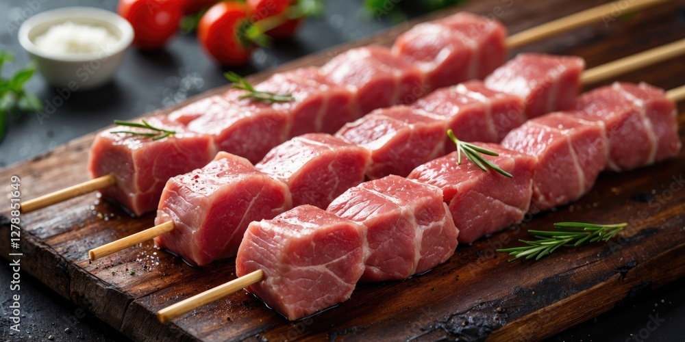 Raw pork skewers neatly arranged on a wooden board with fresh rosemary and cherry tomatoes in the background Raw pork skewers neatly arranged on a wooden board with fresh rosemary and cherry tomatoes in the background
