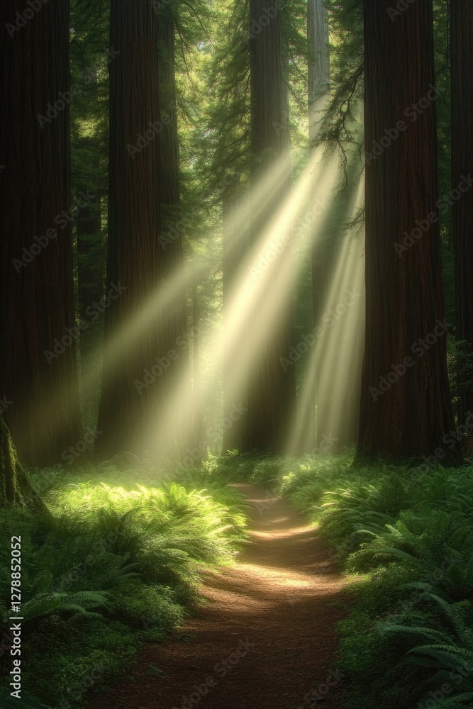 Sunlight filters through towering trees, illuminating serene for