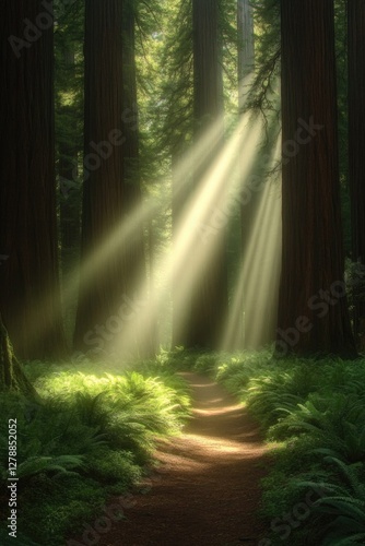 Obraz na płótnie Sunlight filters through towering trees, illuminating serene for w salonie
