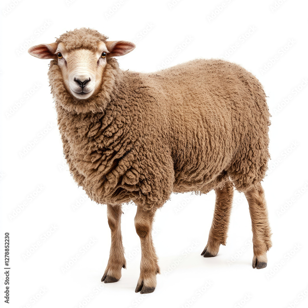Fluffy brown sheep standing on white background Fluffy brown sheep standing on white background